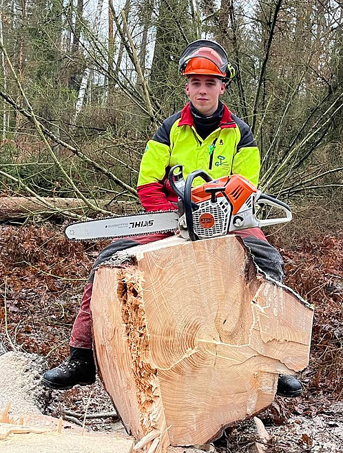 Foto zum Thema Ausbildung zum Forstwirt: Zu sehen ist Philipp, angehender Forstwirt in Brandenburg, mit einer Motorsäge. Im Vordergrund befindet sich ein gerade gefällter Baumstamm.